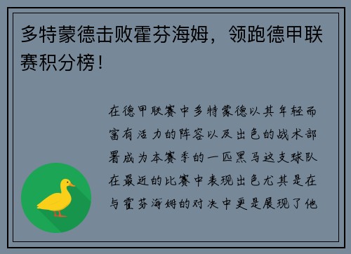 多特蒙德击败霍芬海姆，领跑德甲联赛积分榜！
