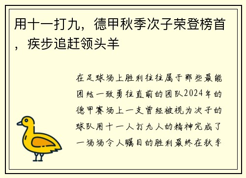 用十一打九，德甲秋季次子荣登榜首，疾步追赶领头羊